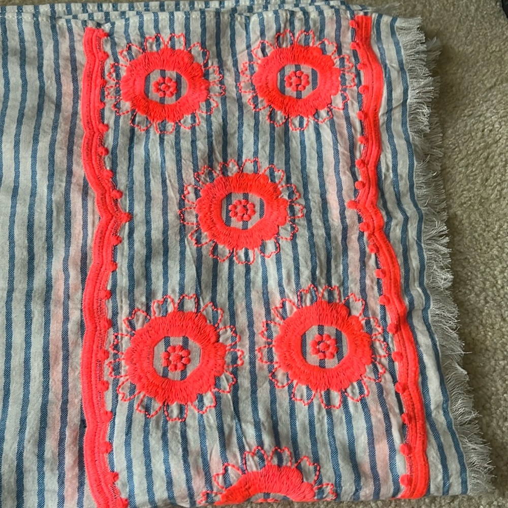 J Crew Pure Cotton Striped Wrap with Embroidered Neon Flowers NWT